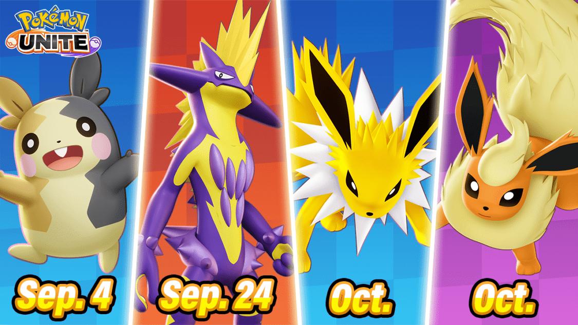 Morpeko, Toxtricity, Jolteon e Flareon (Pokémon UNITE)